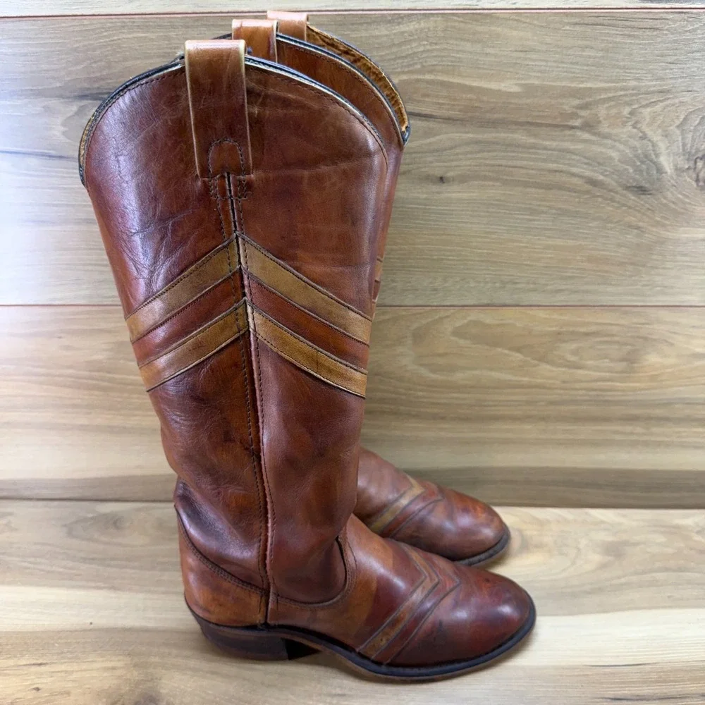 Miss Capezio Vintage Tall Western Boots 6 M Whiskey Cognac Chevron Boho Festival